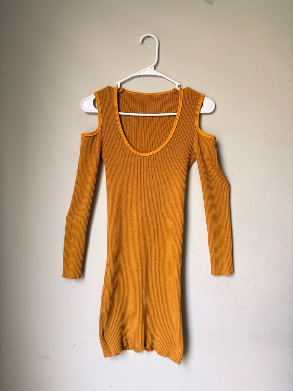 Mustard Ribbed Cold Shoulder Sweater Dress Stretchy One Size